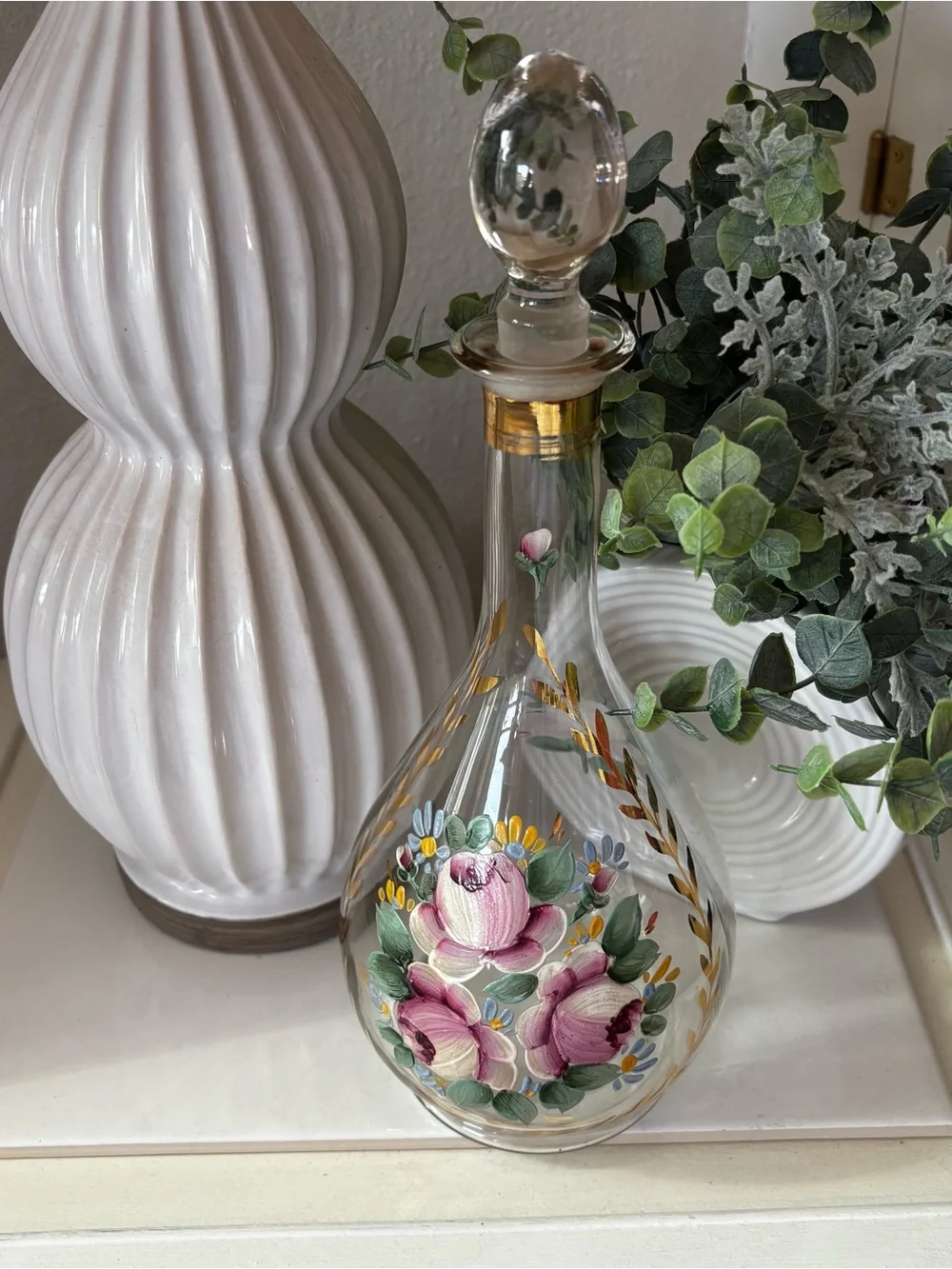 Vintage Mid-century Hand Painted Decanter Pink Roses